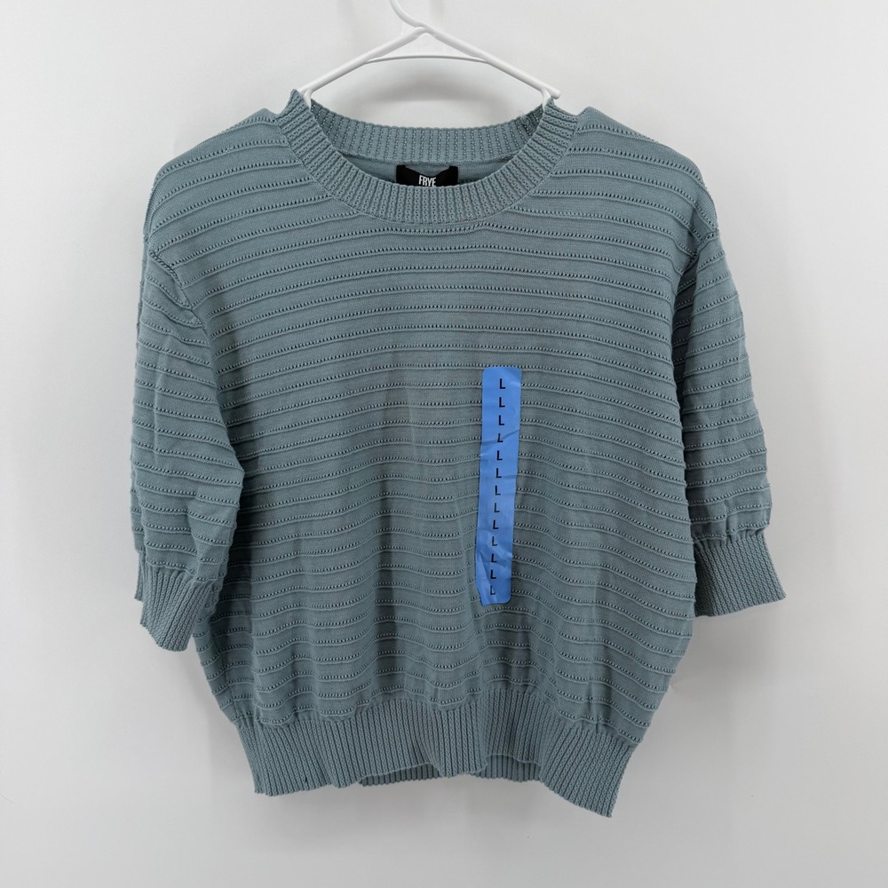 Frye Sweater Women Large Blue Short Sleeve Pointelle Knit Cotton Crew Neck